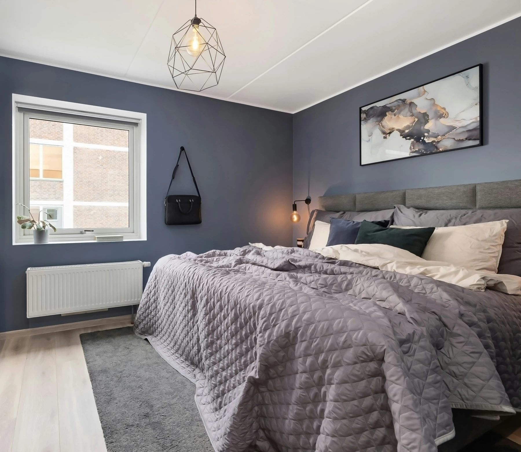 dormitorio azul y gris